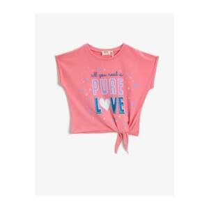 Koton Girl's Pink Crew Neck Short Sleeve Cotton Printed T-Shirt