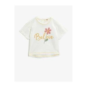 Koton Girl's Ecru Embroidered Floral Cotton Short Sleeve T-Shirt
