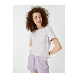 Koton Women's Lilac Pocket T-Shirt with Ruffle Detailed Crew Neck Cotton