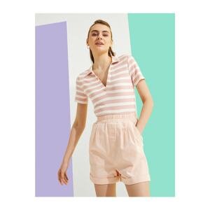 Koton Women's PINK STRIPED Polo Neck T-Shirt Short Sleeve Striped