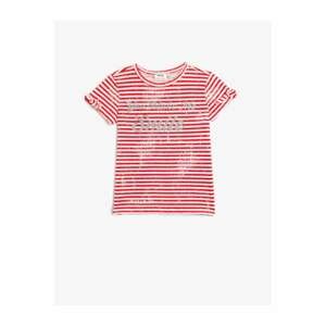 Koton Girl's RED STRIPED Glittery Printed T-Shirt Striped Crew Neck Short Sleeve Cotton