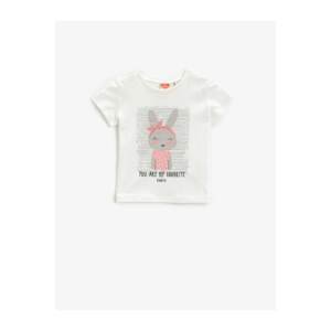 Koton Baby Girl Ecru Printed Short Sleeve Cotton T-Shirt