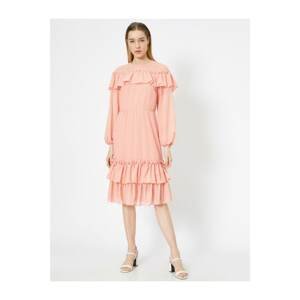Koton Women's Pink Skirt Tiered Flounce Long Sleeve Midi Dress
