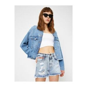 Koton High Waist Ripped Pocket Embroidery Detailed Jean Sort