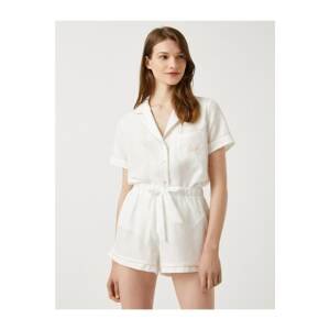 Koton Women's OFF WHITE Pajama Top Shirt Collar Short Sleeve Bridal