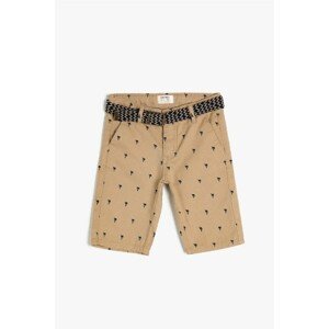 Koton Boys Beige Palm Patterned Woven Shorts With Belt