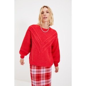 Trendyol Red Oversize Knitted Detailed Knitwear Sweater