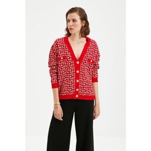 Trendyol Red Pocket Detailed Jacquard Knitwear Cardigan