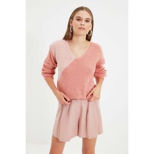 Trendyol Dried Rose Contrast Knitted Detailed V-Neck Sweater