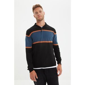 Trendyol Black Men Regular Polo Collar Buttoned Color Block Sweater