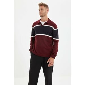 Trendyol Claret Red Men Regular Polo Collar Buttoned Color Block Sweater