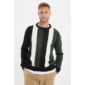 Trendyol Khaki Men's Slim Fit Crew Neck Striped Paneled Knitwear Sweater