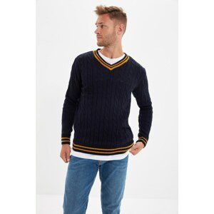 Trendyol Navy Blue Men's Slim Fit V Neck Hair Knitting Knitwear Sweater