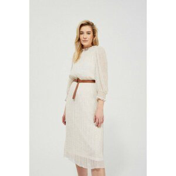 Pleated beige dress with a belt and puff sleeves - beige
