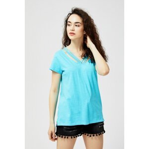 Cotton blouse with a decorative neckline - turquoise
