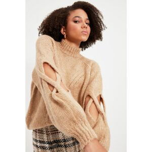 Trendyol Beige Soft Textured Window/Cut Out Detail Stand-Up Collar Knitwear Sweater