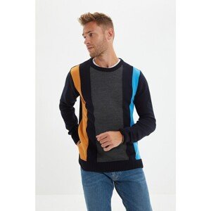 Trendyol Navy Blue Men's Slim Fit Crew Neck Striped Paneled Knitwear Sweater