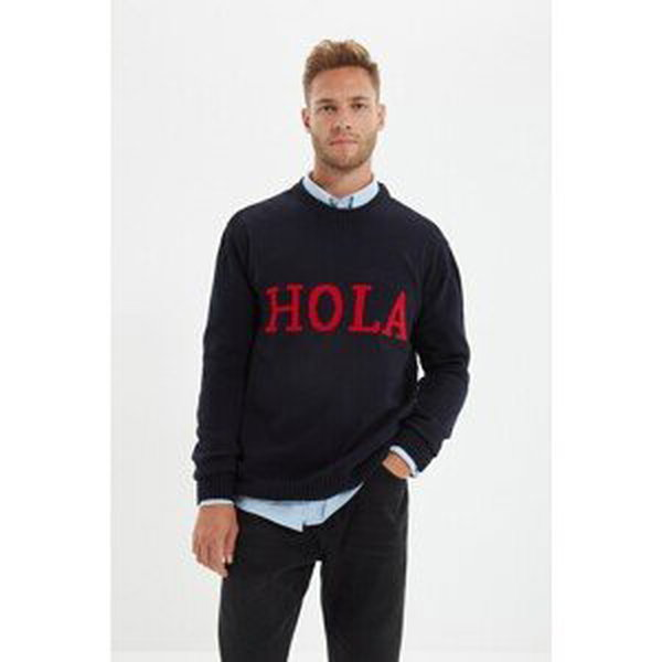 Trendyol Navy Blue Men's Slim Fit Hola Letter Detailed Sweater