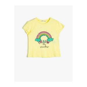 Koton Girl's Yellow Glittery Printed Crew Neck Short Sleeved T-Shirt
