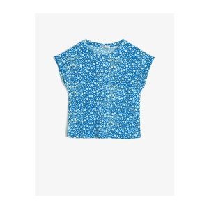 Koton Girl's Blue Floral Textured Stretch Fabric Crew Neck Short Sleeved T-shirt