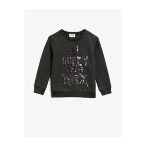 Koton Girl's Gray Crew Neck Sequin Detailed Letter Embroidered Sweatshirt