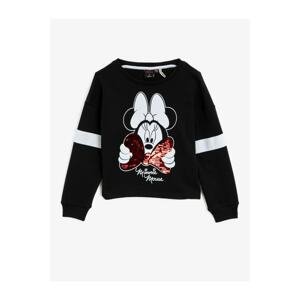 Koton Girl's Black Minnie Mouse Licensed Printed Sequin Crew Neck Sweatshirt
