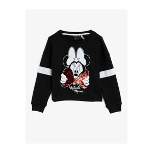 Koton Girl's Black Minnie Mouse Licensed Printed Sequin Crew Neck Sweatshirt