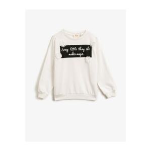 Koton Girl's Ecru Letter Printed Cotton Floral Crew Neck Sweatshirt