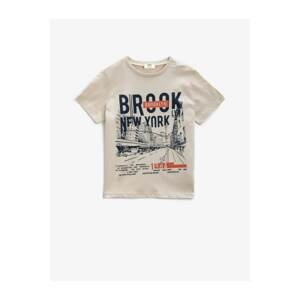 Koton Boy's Ecru Print Short Sleeve Cotton T-Shirt