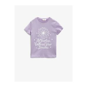 Koton Girl's Purple Written Printed Short Sleeve Crew Neck Cotton T-Shirt