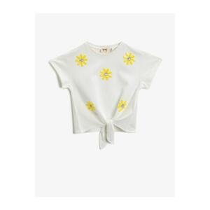 Koton Girl's White Sequin T-Shirt Short Sleeve Floral Cotton