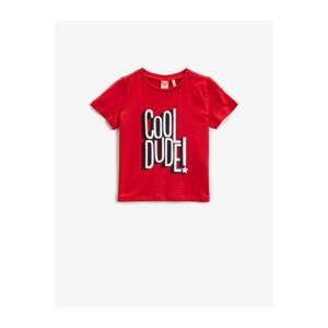Koton Boy's Red Slogan Short Sleeve Cotton T-Shirt