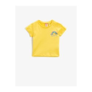 Koton Girl's Yellow Printed Cotton Short Sleeve Crew Neck T-Shirt