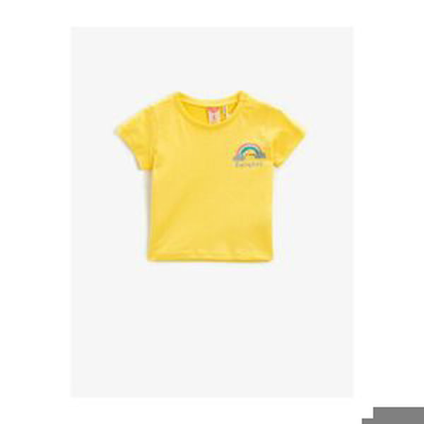 Koton Girl's Yellow Printed Cotton Short Sleeve Crew Neck T-Shirt