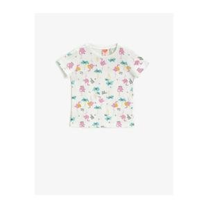Koton Girl's Ecru Printed T-Shirt Crew Neck Cotton