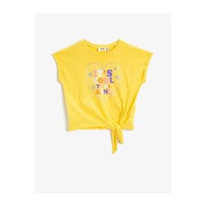 Koton Women's Yellow Printed Crew Neck Short Sleeve Cotton T-Shirt
