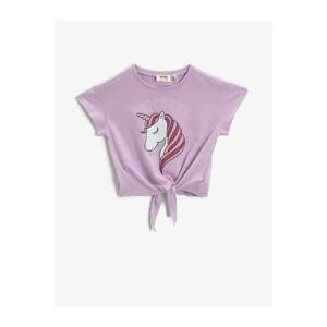 Koton Girl's Purple Crew Neck Short Sleeve Cotton Printed T-Shirt