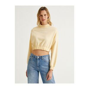 Koton Women's Yellow Crop Sweatshirt Stand Collar Slogan Cotton