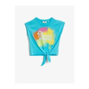 Koton Girl's Turquoise Printed T-Shirt Crew Neck Cotton