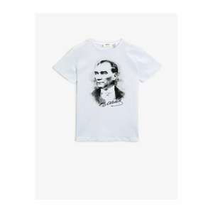Koton Men's White Ataturk Printed Short Sleeve Crew Neck T-Shirt