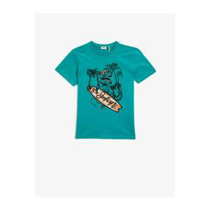 Koton Boy Green Printed Short Sleeve Cotton Crew Neck T-shirt