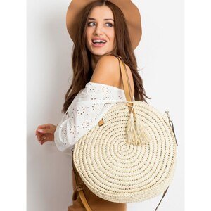 Round, woven bag in light beige color