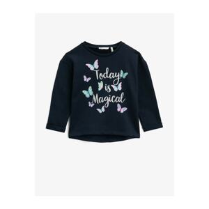 Koton Girl's Navy Blue Letter Printed Sweatshirt