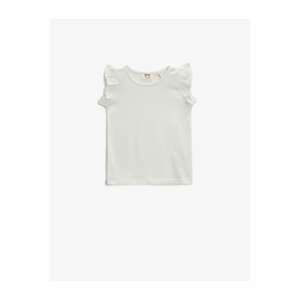 Koton Girl's Ecru Crew Neck Sleeve Frilly Basic Cotton T-shirt Sleeve Ruffle Basic Cotton