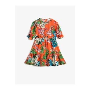 Koton Girl's Orange Floral Crew Neck Short Sleeve Dress