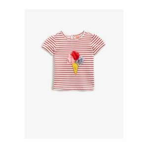 Koton Girl's Red Striped Short Sleeve Cotton T-Shirt