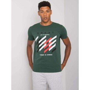 Khaki men's t-shirt with a colorful print