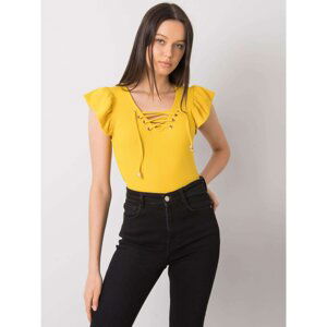 Yellow blouse with lace neckline