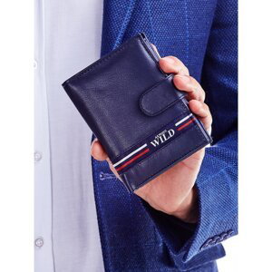 A navy blue leather wallet for a man with a material insert