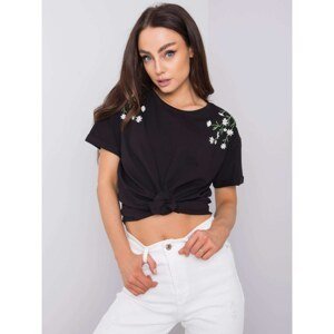 Women's black T-shirt with floral embroidery